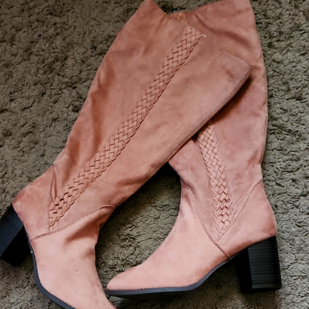 Salmon Suede Over the Knee Boots with Braided Design